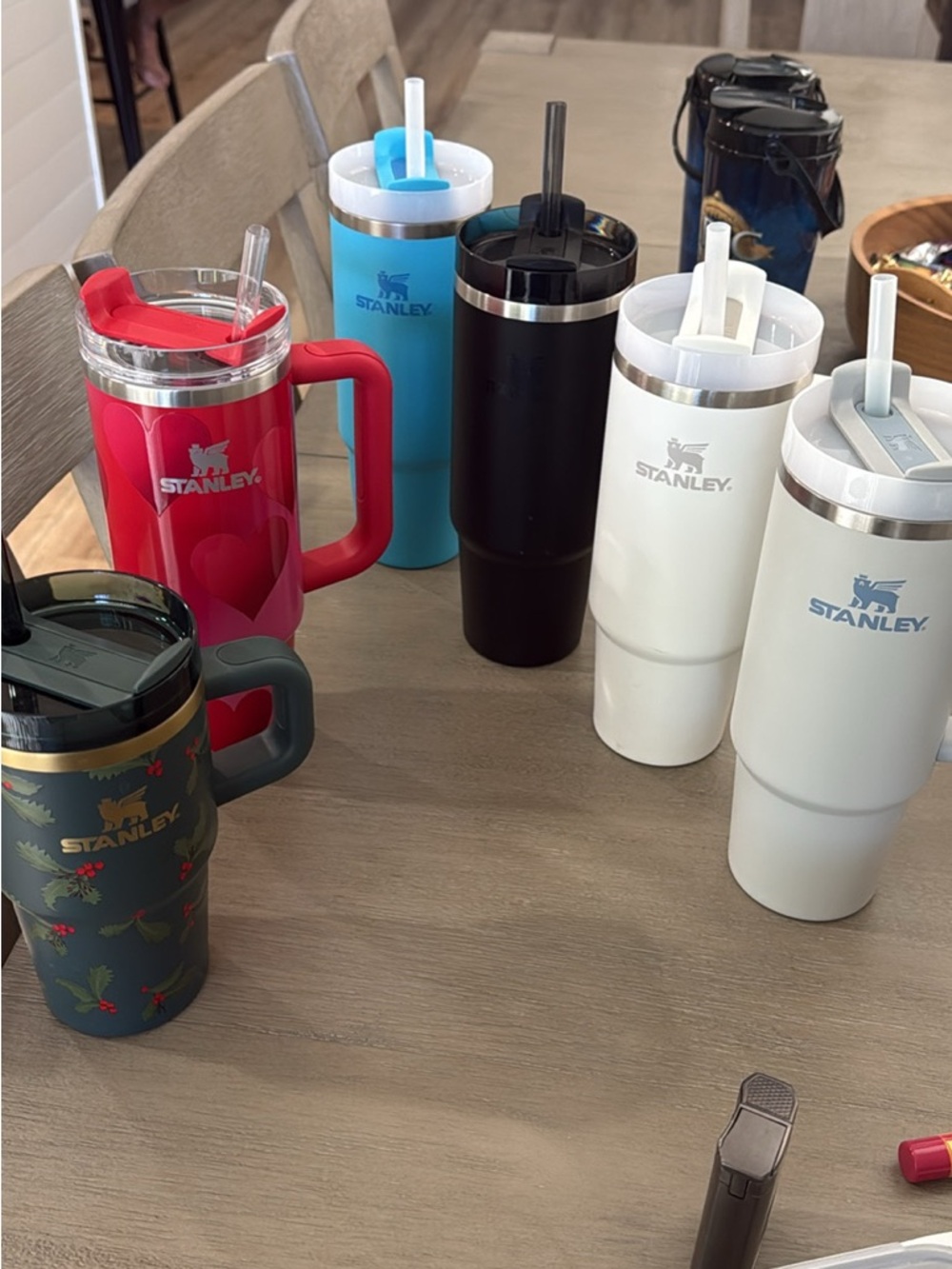 Stanley insulated tumblers and mugs in red, blue, black, white, green